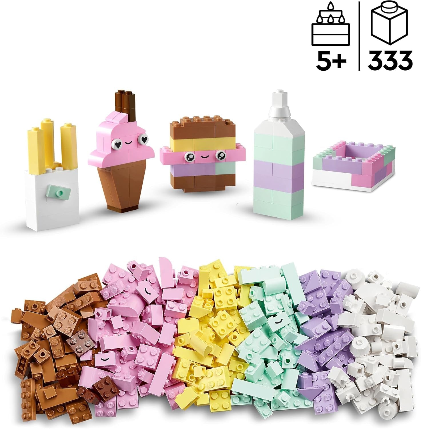LEGO 11028 Classico set da costruzione creativo pastello Scatola di mattoncini, giocattolo da costruzione per ragazze e ragazzi dai 5 anni in su con modelli; gelato, dinosauro, gatto e altro ancora Set da costruzione Acquista il negozio LEGO