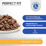 Cibo umido per gatti Perfect Fit Sensitive 1+ con pollo in salsa, 12 bustine, 12 x 85 g - Cibo umido premium per gatti sensibili a partire da 1 anno, senza frumento e soia, per favorire la digestione