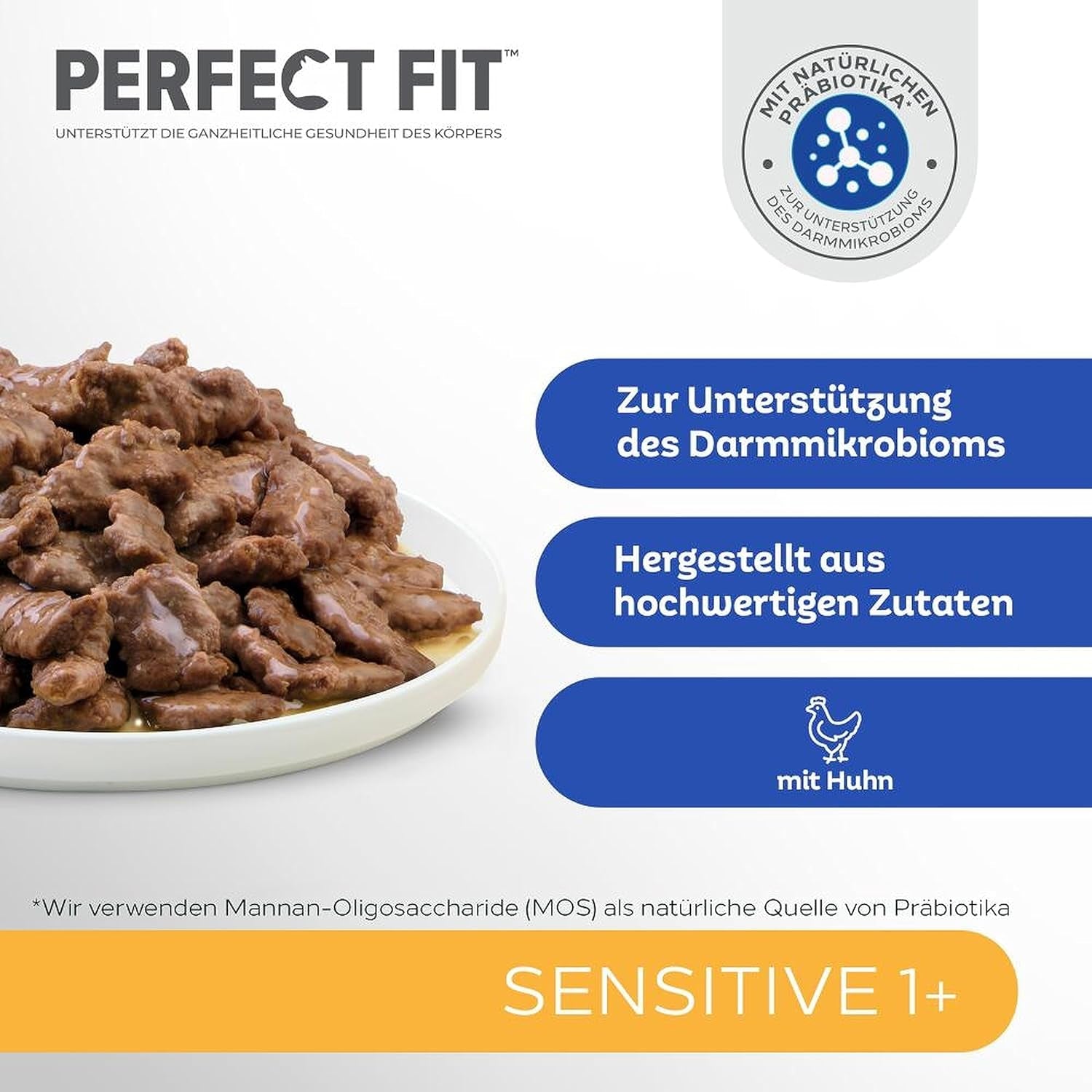 Cibo umido per gatti Perfect Fit Sensitive 1+ con pollo in salsa, 12 bustine, 12 x 85 g - Cibo umido premium per gatti sensibili a partire da 1 anno, senza frumento e soia, per favorire la digestione