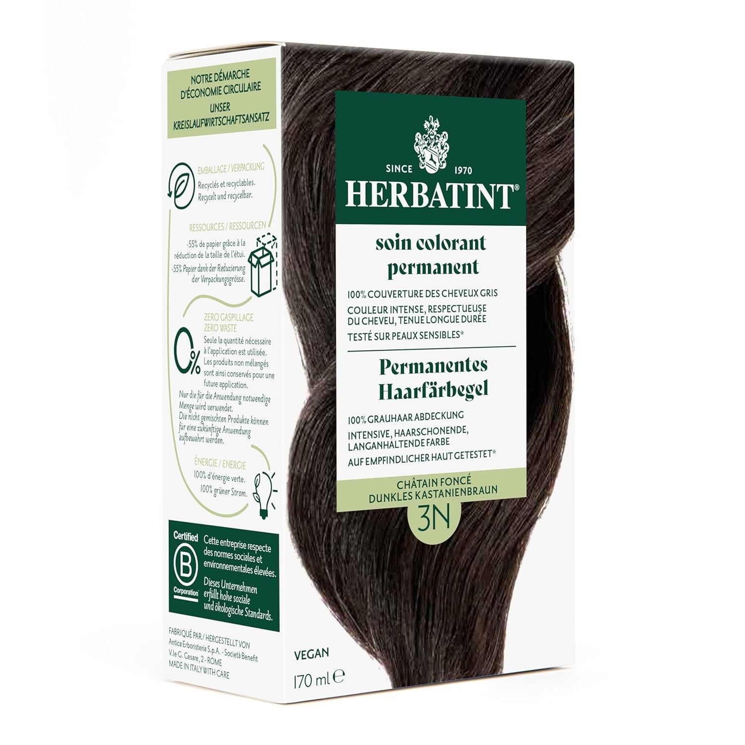 Gel tintura permanente per capelli 6N Biondo scuro - 170 ml I Senza ammoniaca, copertura al 100% dei capelli bianchi I Testato su pelle sensibile, con 8 estratti vegetali Tintura per capelli Naty Shop 3N Castano scuro