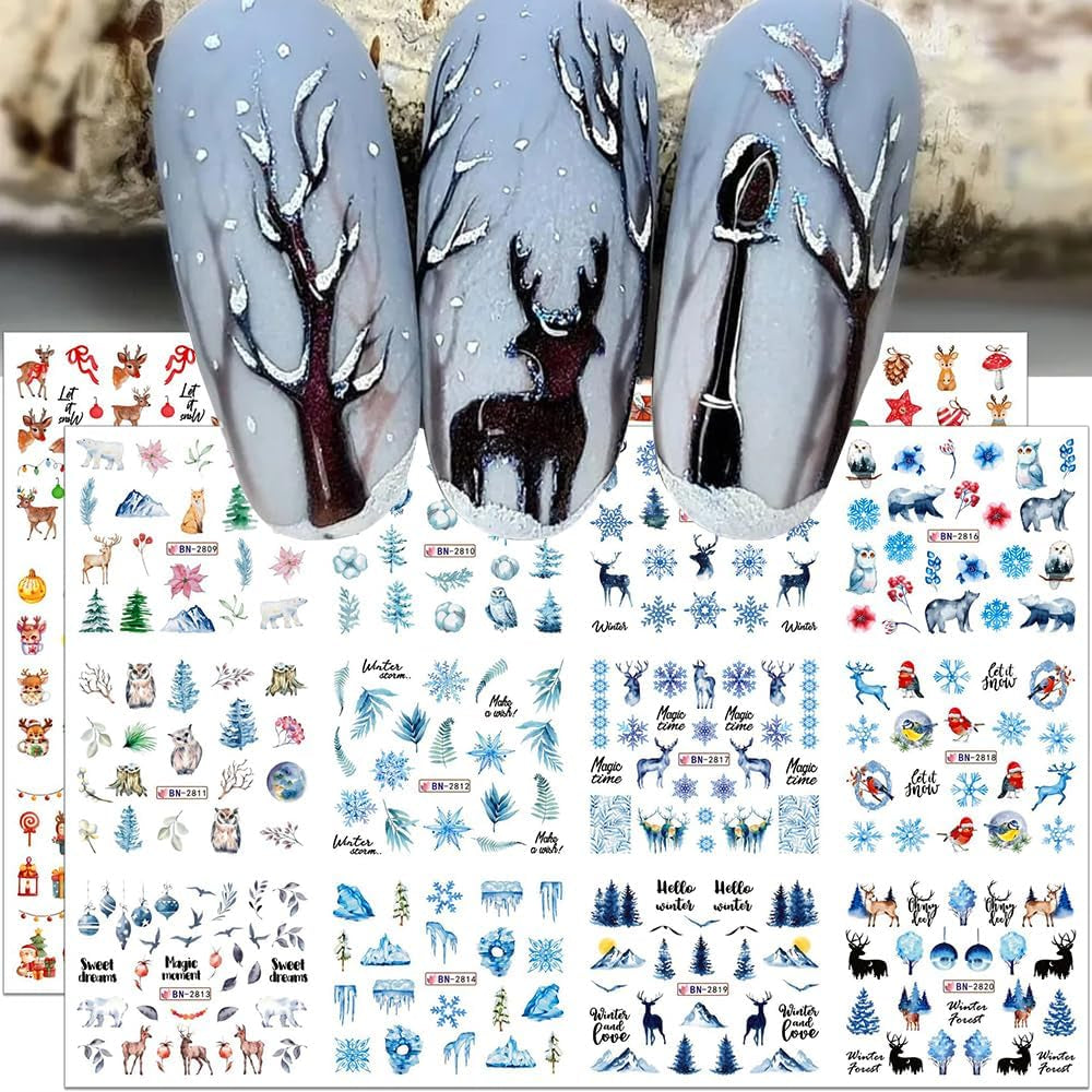 Adesivi per unghie natalizi 3D Trasferimento acqua autoadesivo Albero di Natale Fiocco di neve Alce Pinguino Nail art natalizia Disegni per unghie invernali Adesivi natalizi Accessori per unghie