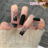 24 pezzi Autunno Nero French Press Unghie Fiore rosa Unghie lunghe Colla su unghie finte Autunno Unghie finte Set con accessori