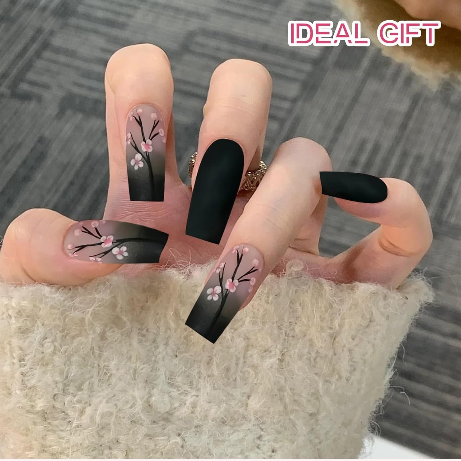 24 pezzi Autunno Nero French Press Unghie Fiore rosa Unghie lunghe Colla su unghie finte Autunno Unghie finte Set con accessori
