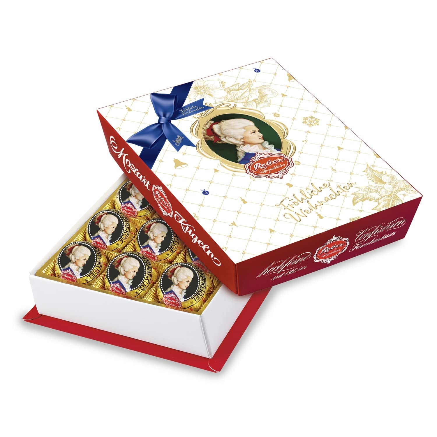 Reber Mozart palline al cioccolato fondente, confezione da 6 con marzapane e torrone, vegan - 1 x 120 g