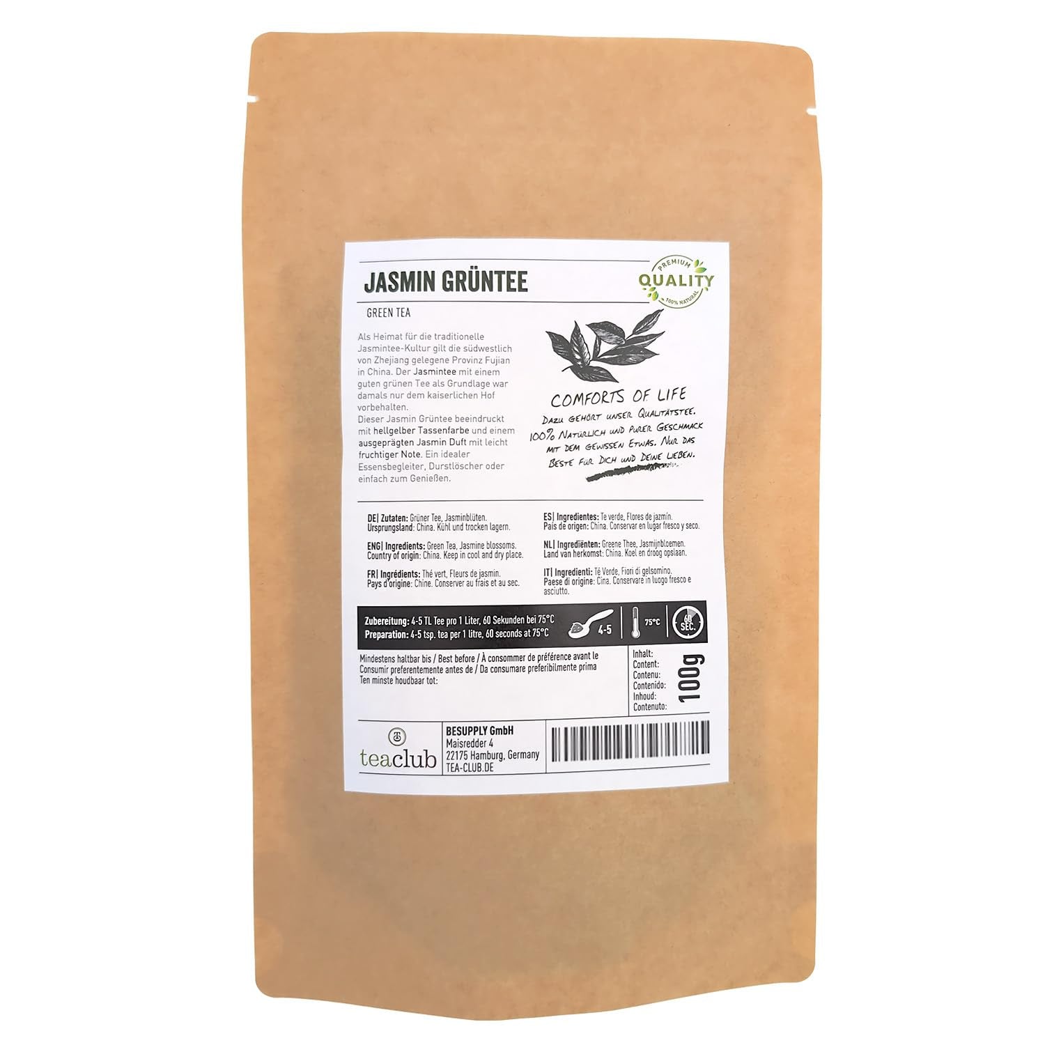Tè al gelsomino sfuso 100 g, Tè verde ai fiori di gelsomino aromatizzato naturalmente, Tè verde al gelsomino con un pronunciato sapore di gelsomino, Tè verde Teaclub