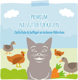 MjAMjAM - Cibo umido premium per gatti - Tenera anatra e pollame con deliziose carote, 1 confezione (1 x 400 g), senza cereali con carne extra