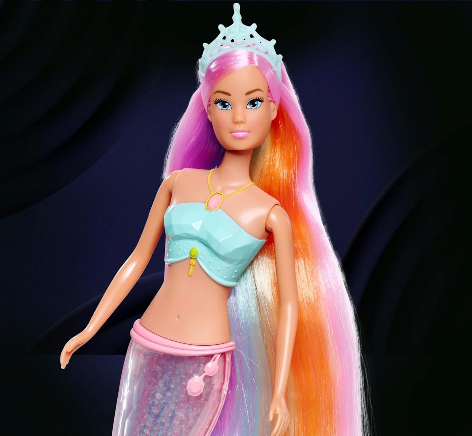Steffi Love Magic Rainbow Sirena, Bambola Sirena con Funzione di Luce Magica Arcobaleno e Capelli Extra Lunghi, 39 cm, dai 3 Anni in su