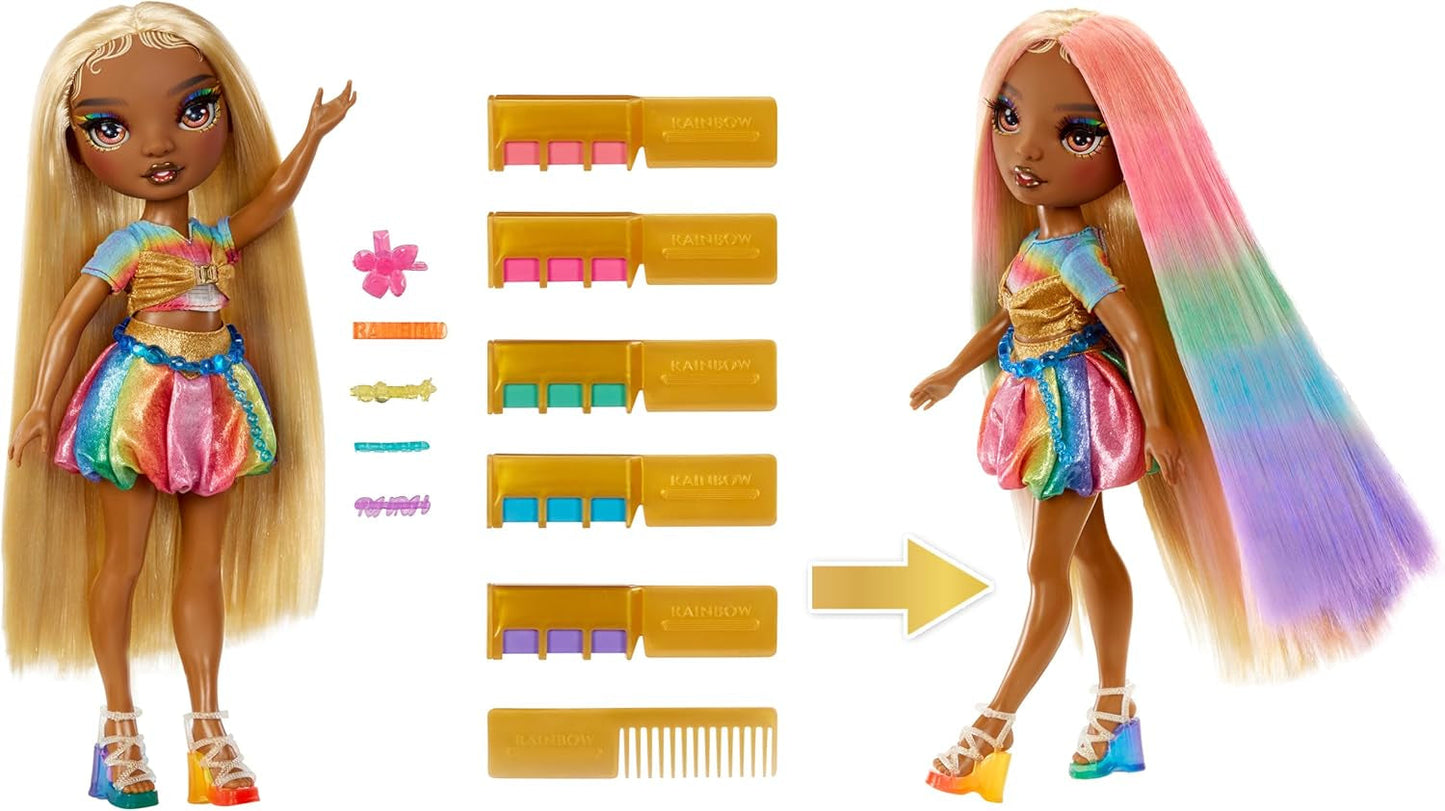Bambola con gesso e styling per capelli alti arcobaleno - Meline - Bambola con gesso per capelli lavabile arcobaleno e oro da 28 cm, colora, acconcia, gioca, risciacqua e ripeti, per bambini dai 4 ai 12 anni