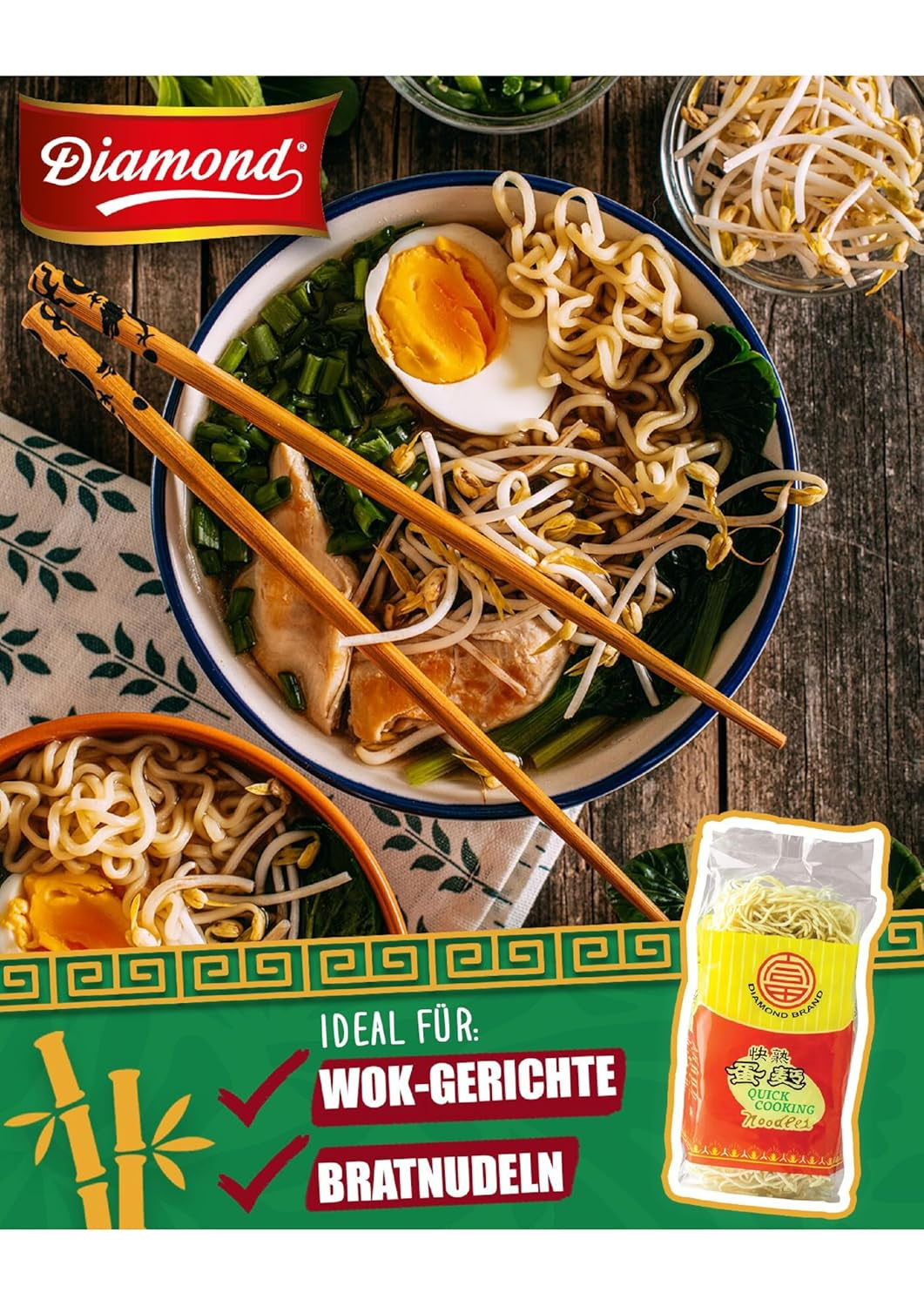 DIAMOND Tagliatelle all'uovo, tagliatelle wok istantanee con farina di grano tenero e contorni - 1 x 500 g