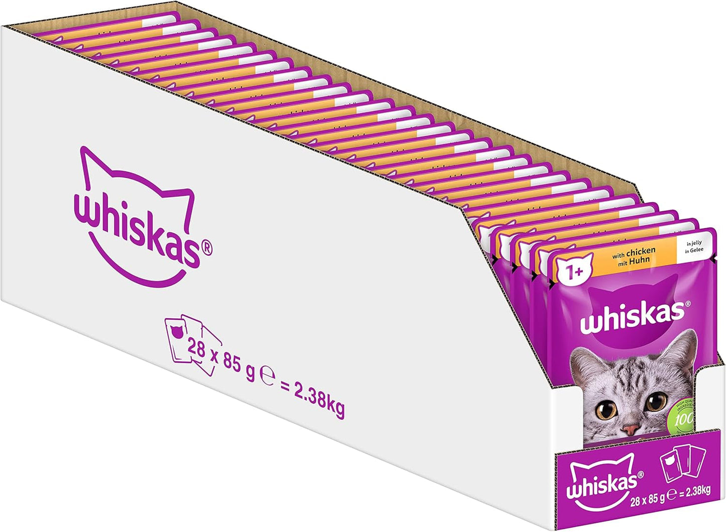 Whiskas 1+ cibo umido per gatti con pollo in gelatina, 28x85g (1 confezione) - Cibo umido di alta qualità per gatti adulti in bustine da 28 porzioni