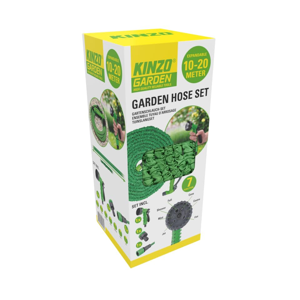 Tubo da giardino flessibile Kinzo 20 m - incl. Accessorio per tubo flessibile - Tubo flessibile con testina di spruzzo con 7 posizioni di spruzzo - Plastica - Verde/Grigio