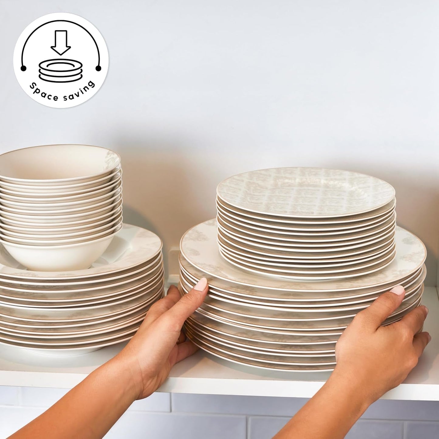 Karaca Elegance Bone Siena Set di stoviglie per 12 persone, moderno set di stoviglie in porcellana, set di stoviglie con ciotole fondi, piatto da portata, piatti fondi, piatti da dessert - Bianco e Oro