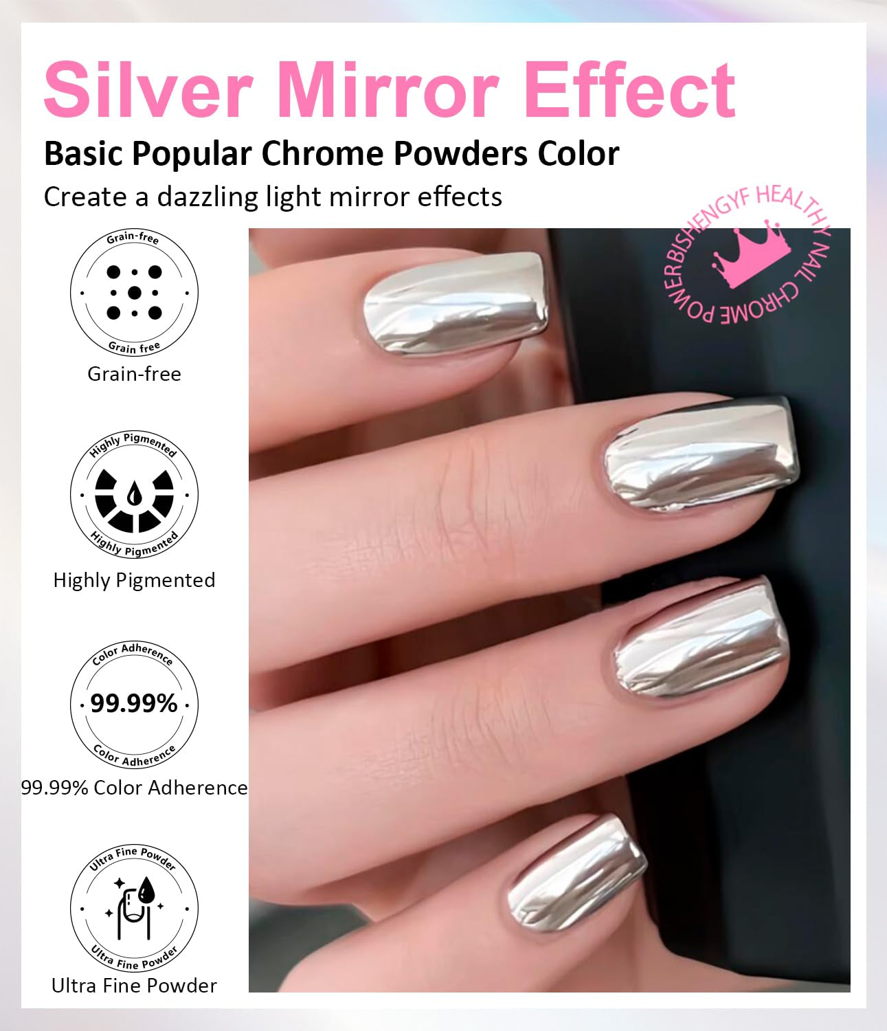 BISHENGYF Polvere per unghie cromata argento – Metal Holo Chromfarbener Nagelpuder, 1G Cromepulver Nägel Glitzer Glänzende Silver Nagelpulver Spiegeleffekt Pigment Nagelkunst, Diy-Design-Dekor Frauen Geschenk