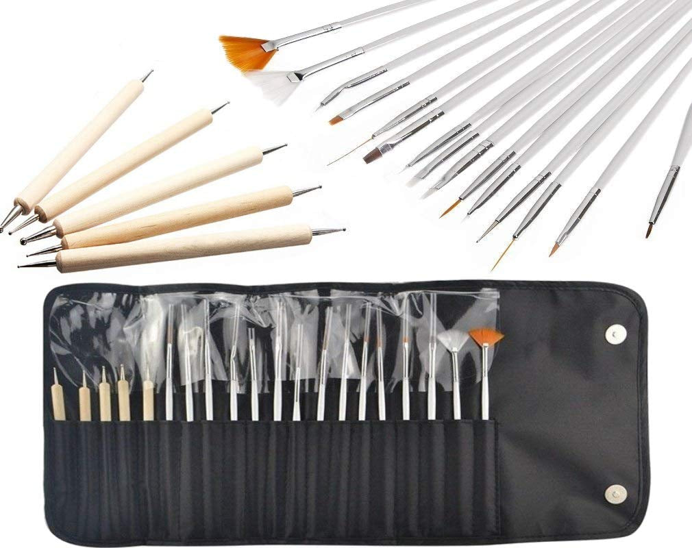 ® 20 pennelli professionali per unghie, gel, pennelli per pittura, pennelli per artisti, kit pennelli per unghie french, set di strumenti con punta appuntita, per design delle unghie, pittura, motivo a punti, ecc., con borsa