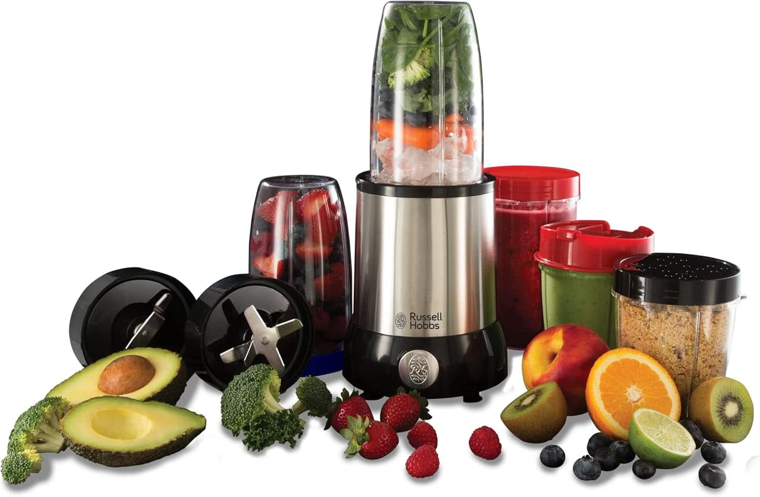 Russell Hobbs Mixer [Multifunzione - Robot da cucina] Nutriboost (Inkl. 5 Bpa-Free e Spülmaschinengeeignete Behälter + Deckel, 22.000 U/Min, 0.9 Ps-Motor) Elektrischer, Smoothie-Maker 23180-56 Kitchen Naty Shop