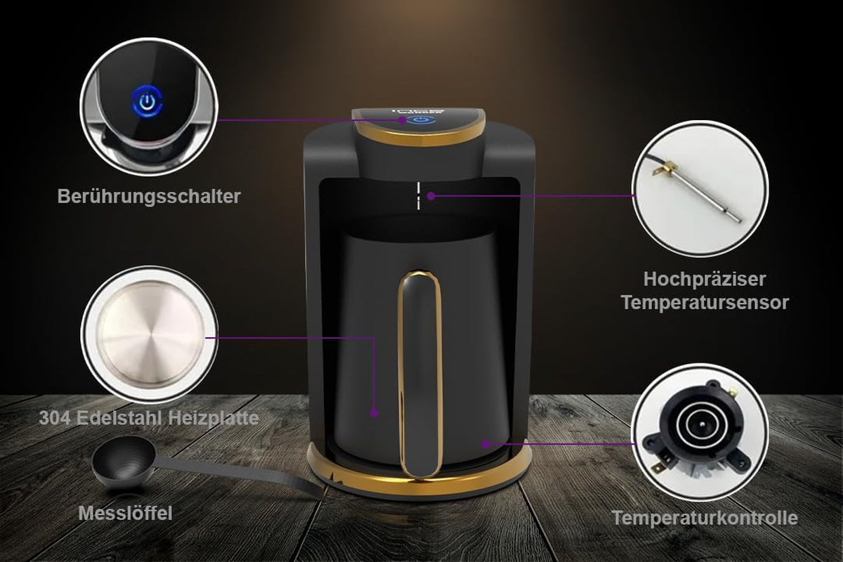 Caffetteria turca Inca | Macchine Türk Kahve | 250 ml (1-4 tazze) | 400 W | IKM-01 | Protezione contro le fuoriuscite e l'ebollizione senza acqua | Piastra riscaldante in acciaio inossidabile | Spegnimento automatico | Per un caffè turco perfetto