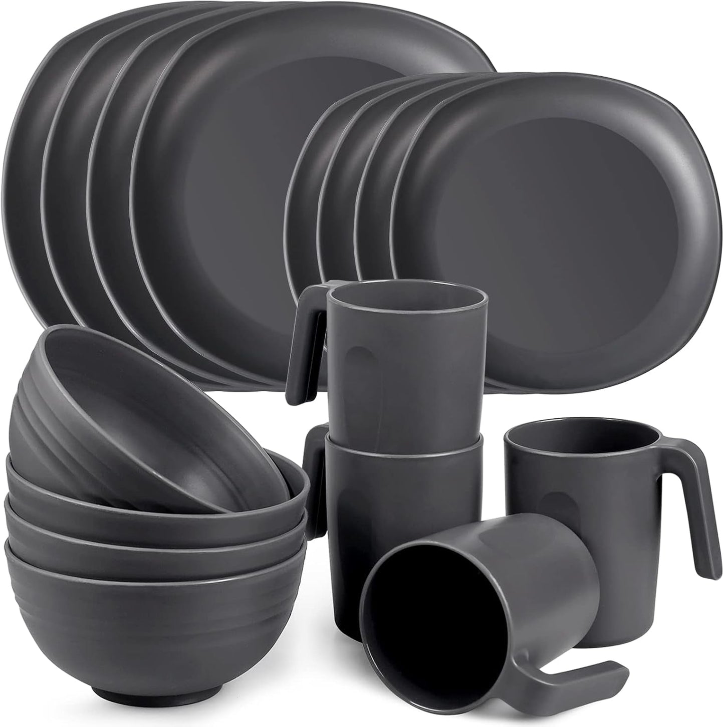 Set stoviglie in PP | Set di stoviglie da 16 pezzi leggero e indistruttibile per bambini e adulti, 4 piatti, 4 piatti da dessert, 4 ciotole, 4 tazze, set combinato per 4 persone
