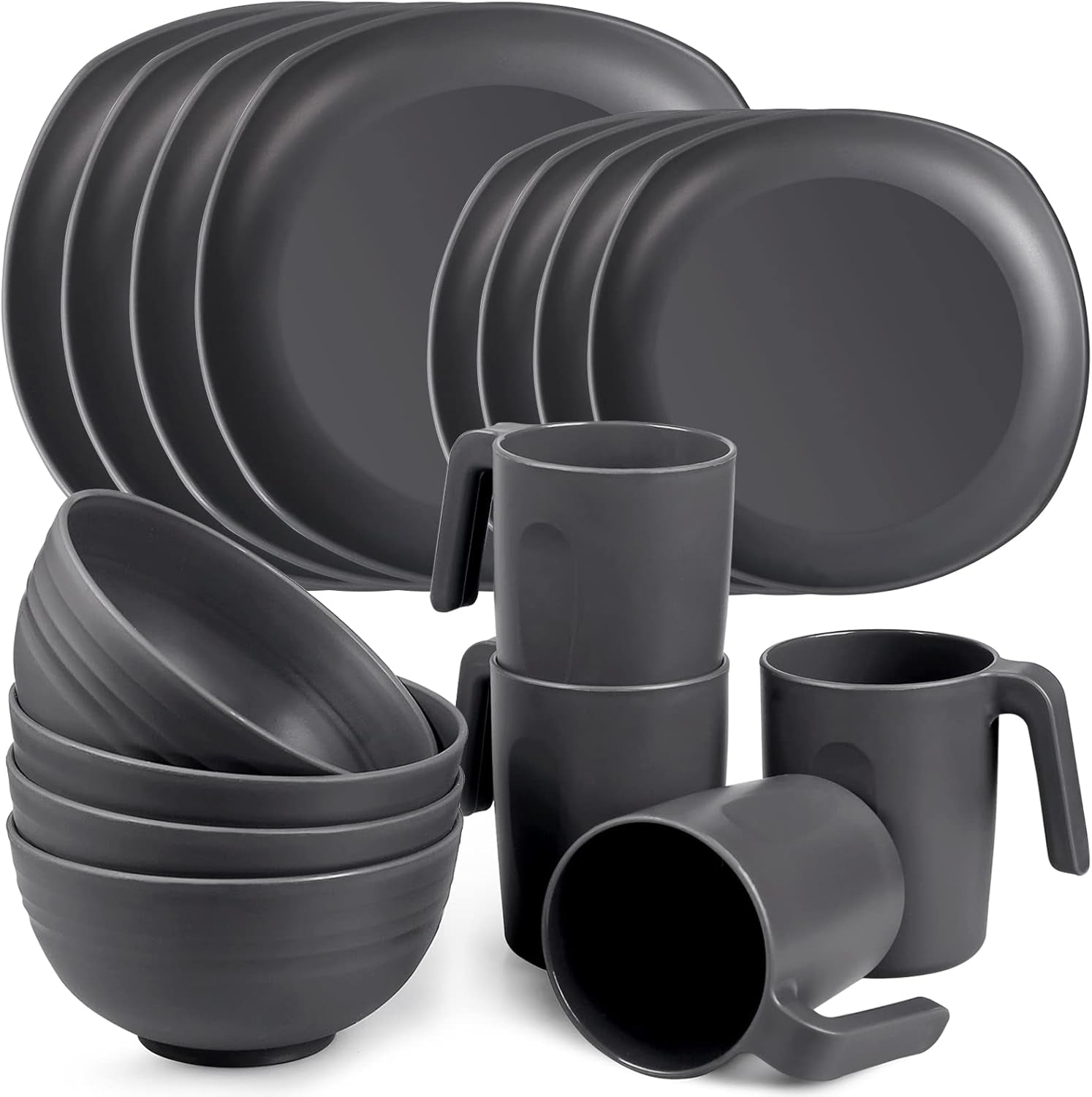 Set stoviglie in PP | Set di stoviglie da 16 pezzi leggero e indistruttibile per bambini e adulti, 4 piatti, 4 piatti da dessert, 4 ciotole, 4 tazze, set combinato per 4 persone