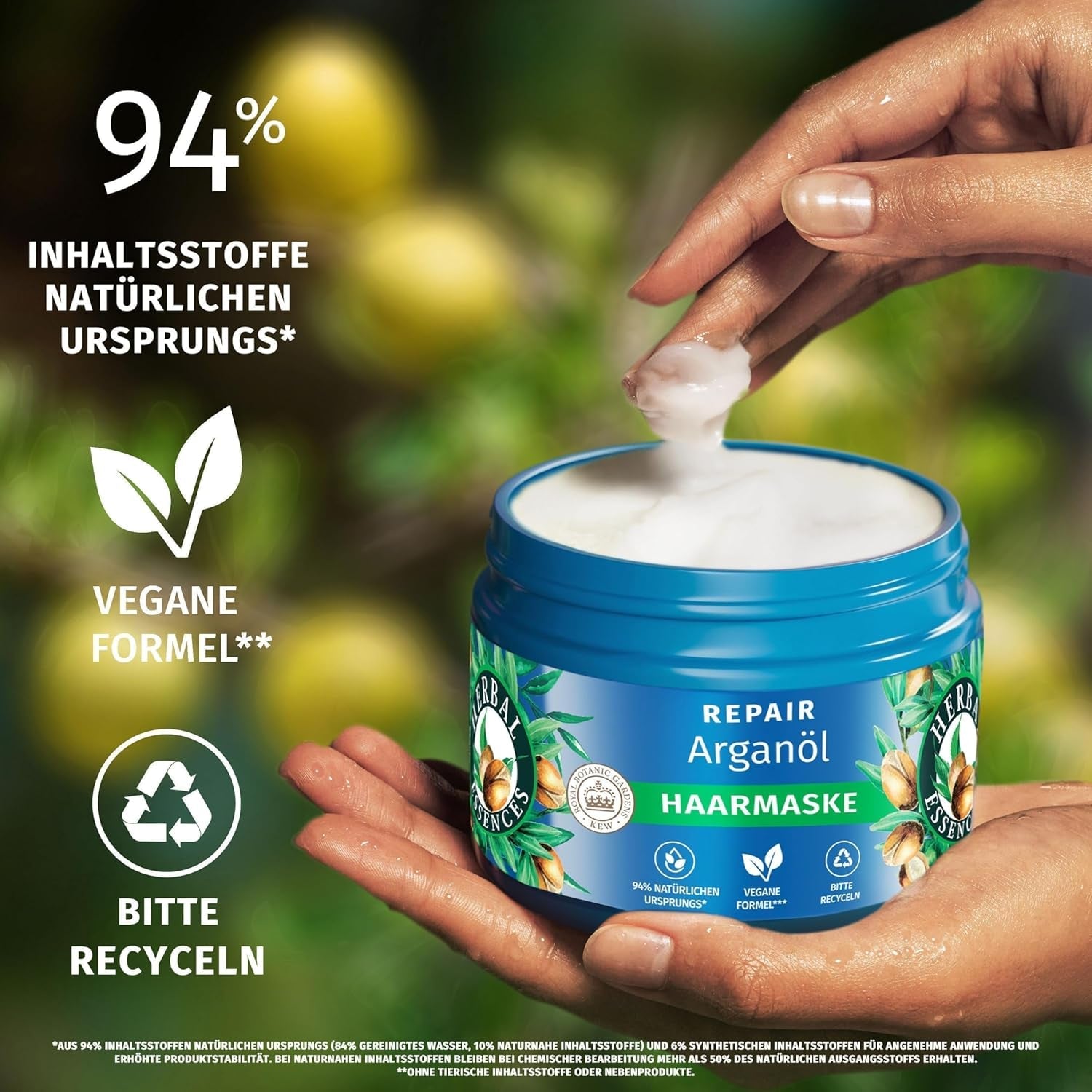 Herbal Essences Maschera riparatrice per capelli con olio di argan 300ml. Dai capelli danneggiati ai capelli più lisci e lucenti. Terapia intensiva. Con ingredienti di origine naturale. Maschera per capelli Vegan Naty Shop