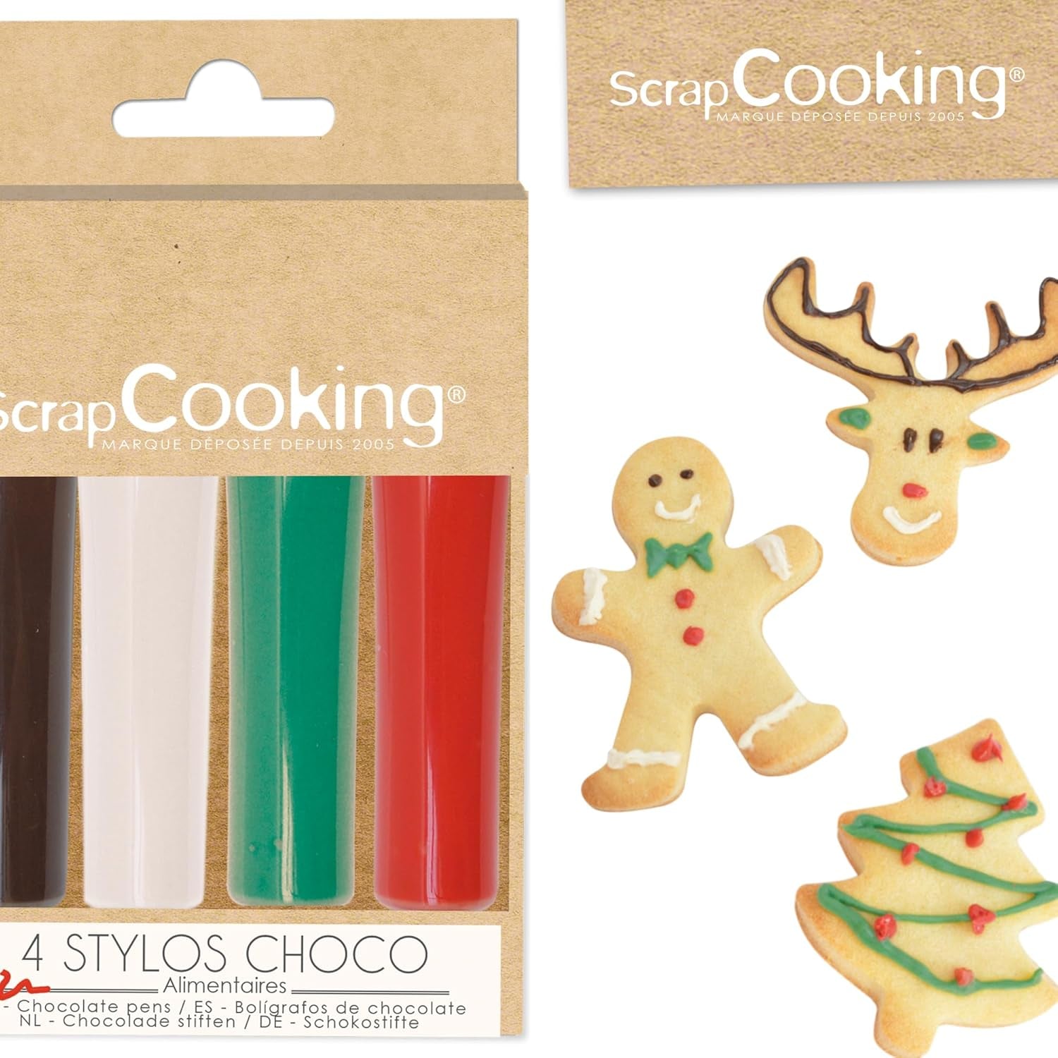 Scrapcooking - Set di 4 matite colorate al cioccolato natalizio - Marrone, Bianco, Verde e Rosso - Colorante commestibile - Colorante alimentare per scrivere - Scrivi e disegna su dessert, torte e biscotti - 7060