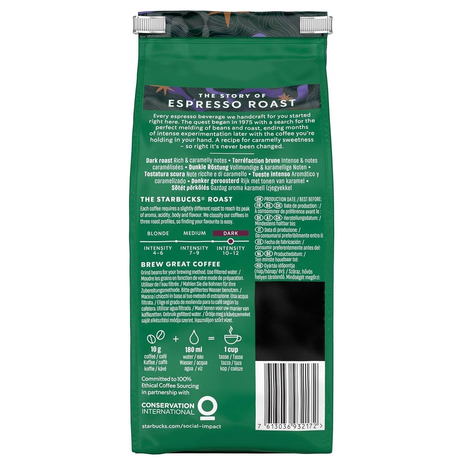 STARBUCKS Espresso Roast, Black Roast, Caffè in grani interi 200 g (Confezione da 6)
