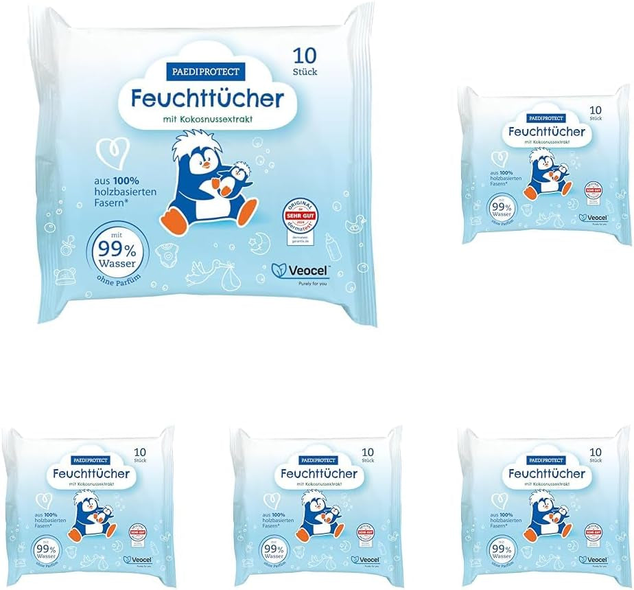 Salviette umide PAEDIPROTECT 1 x 10 pezzi, salviette umide per bambini sensibili con acqua al 99% d'acqua, senza profumo, per pelle delicata di neonati e bambini, con estratto di cocco, senza microplastiche, vegane (confezione da 5)