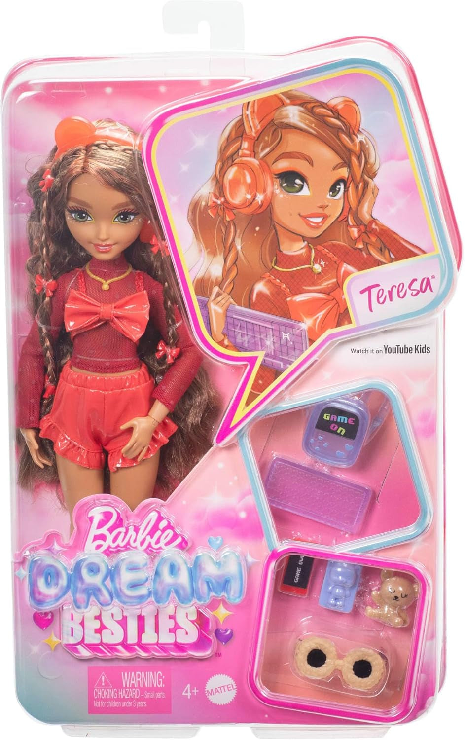 Barbie Dream Besties bambola e accessori, bambola alla moda Teresa mobile con capelli castani e fermagli per capelli, tema videogioco da 10 pezzi, bambole HYC23 Naty Shop