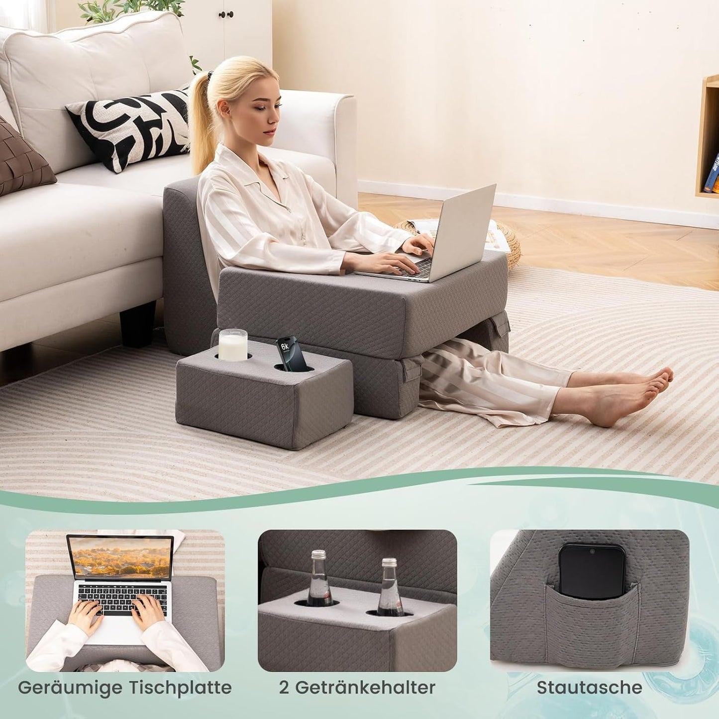 Cuscino da lettura per letto e divano, cuscino per libri, liberamente abbinabile con portabevande e fodera lavabile, cuscino da scrivania regolabile per laptop per leggere, giocare, lavorare, scrivere (Grigio)