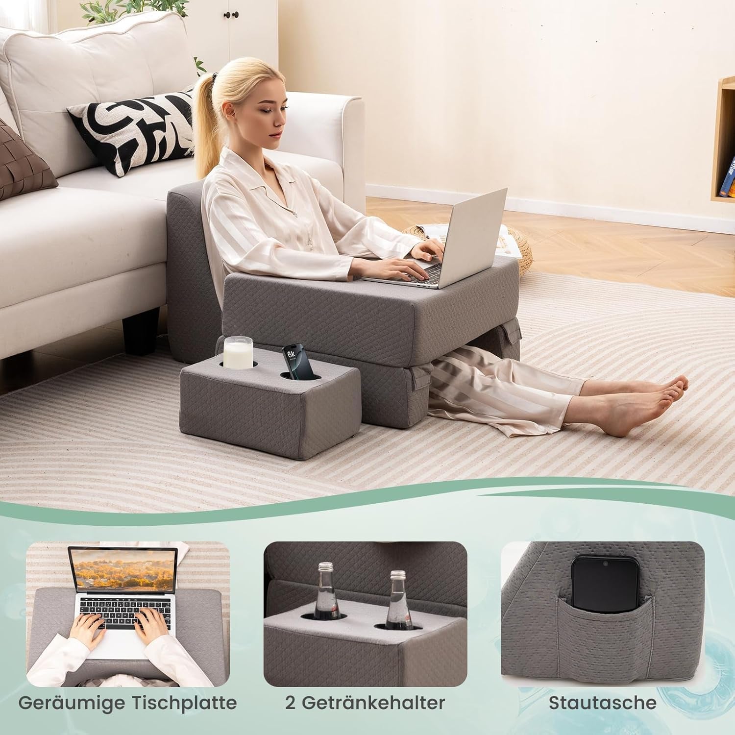 Cuscino da lettura per letto e divano, cuscino per libri, liberamente abbinabile con portabevande e fodera lavabile, cuscino da scrivania regolabile per laptop per leggere, giocare, lavorare, scrivere (Grigio)