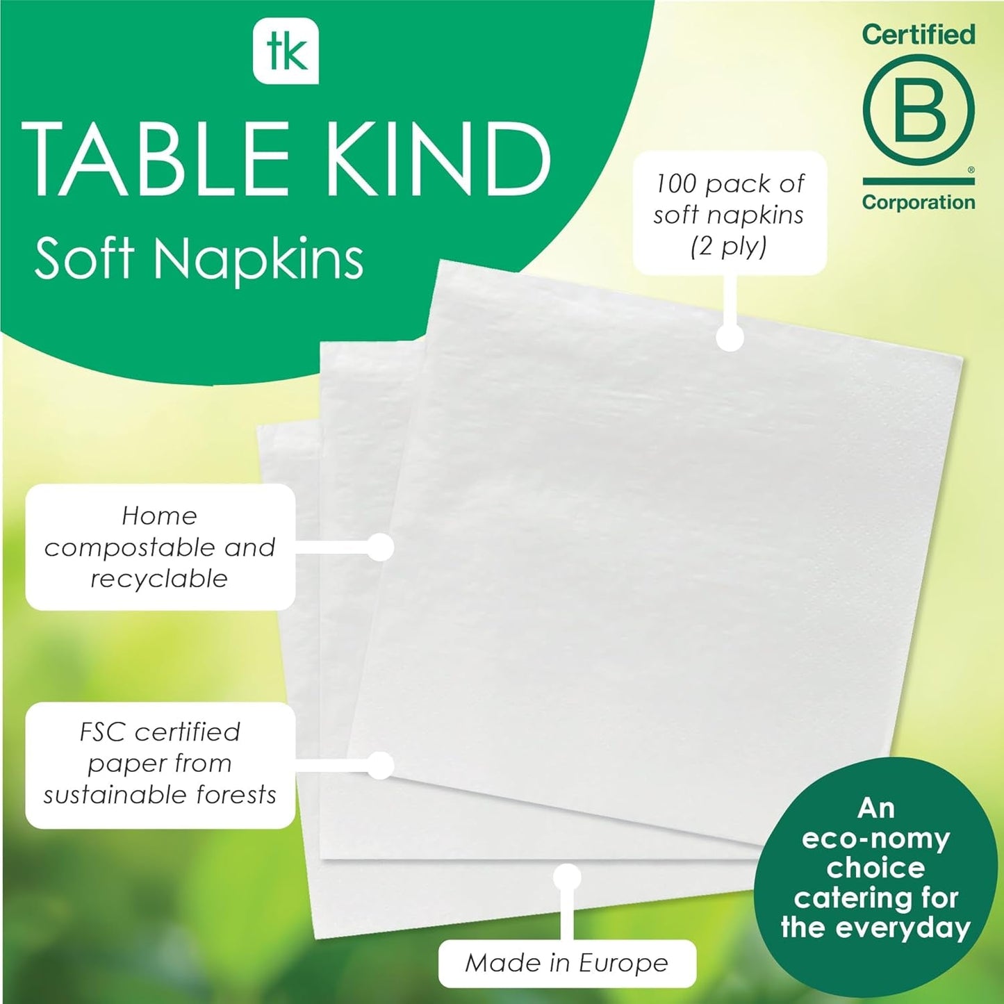 Tovaglioli morbidi bianchi Table Kind 100 sfusi, tovaglioli di alta qualità per feste, catering e uso quotidiano, FSC, sostenibili e riciclabili, Made in EU | 2Veli | 33cm