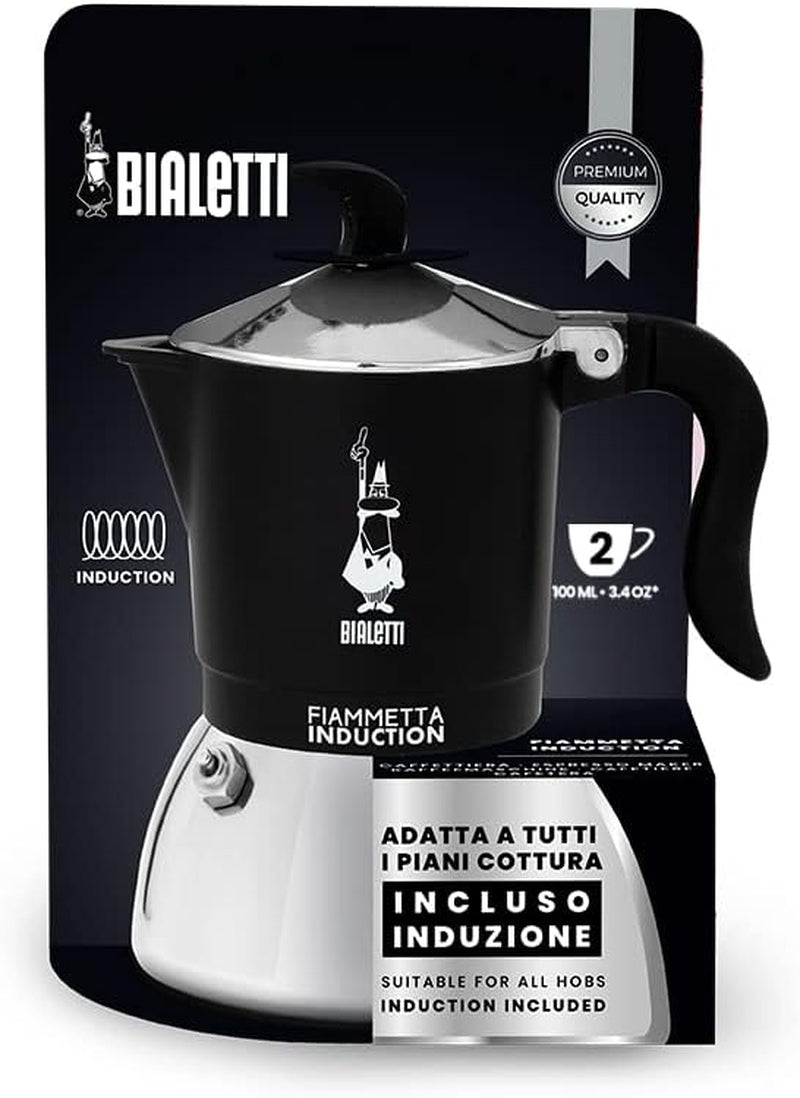 Macchina da caffè a induzione Bialetti Fiammetta, 2 tazze (100 ml), adatta a tutti i tipi di piani cottura, design elegante, nera