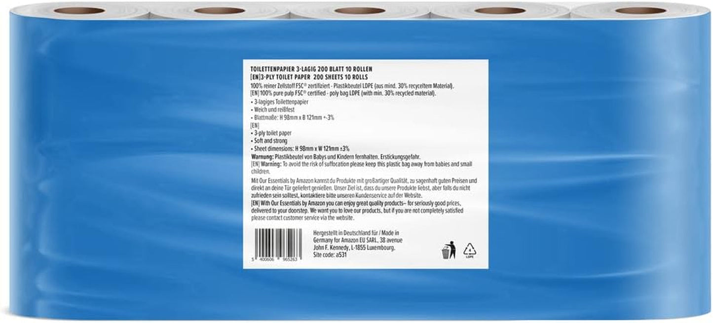 By Amazon Carta igienica, 3 strati, 10 rotoli (10 rotoli, confezione da 1) 200 fogli per rotolo, certificata Fsc