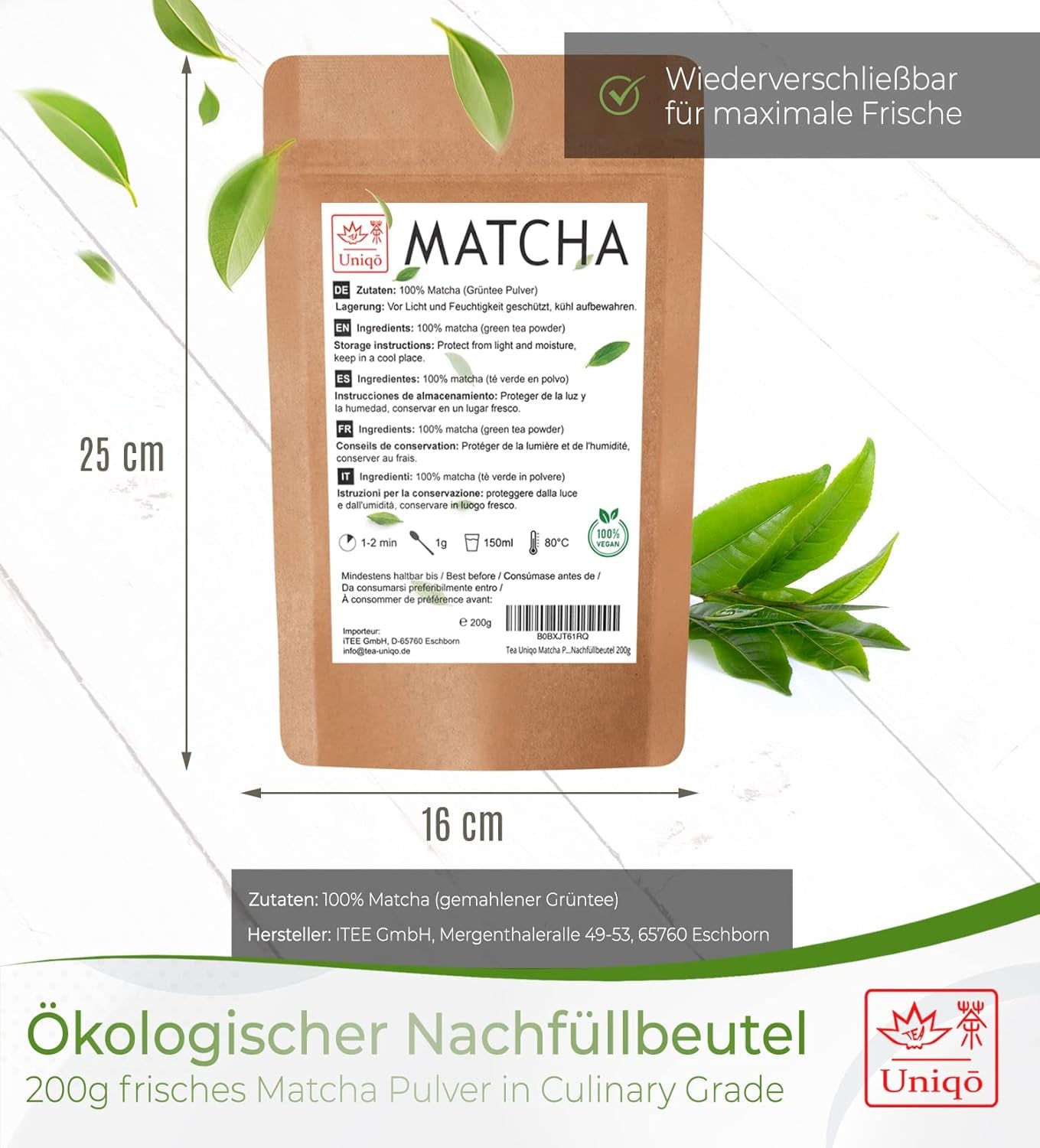 Tè Uniqo Matcha in polvere 200 g in confezione ecologica ricaricabile