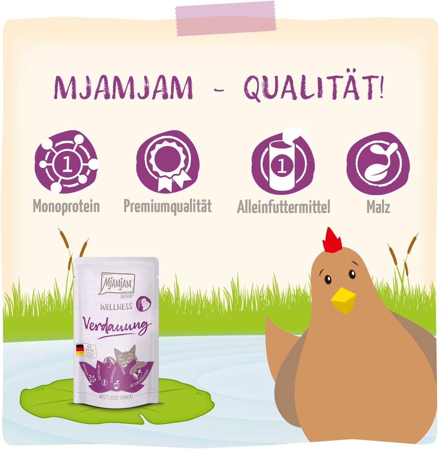 MjAMjAM - Cibo umido premium per gatti - Wellness - Digestive - Pollo, confezione da 12 (12 x 125g), senza cereali