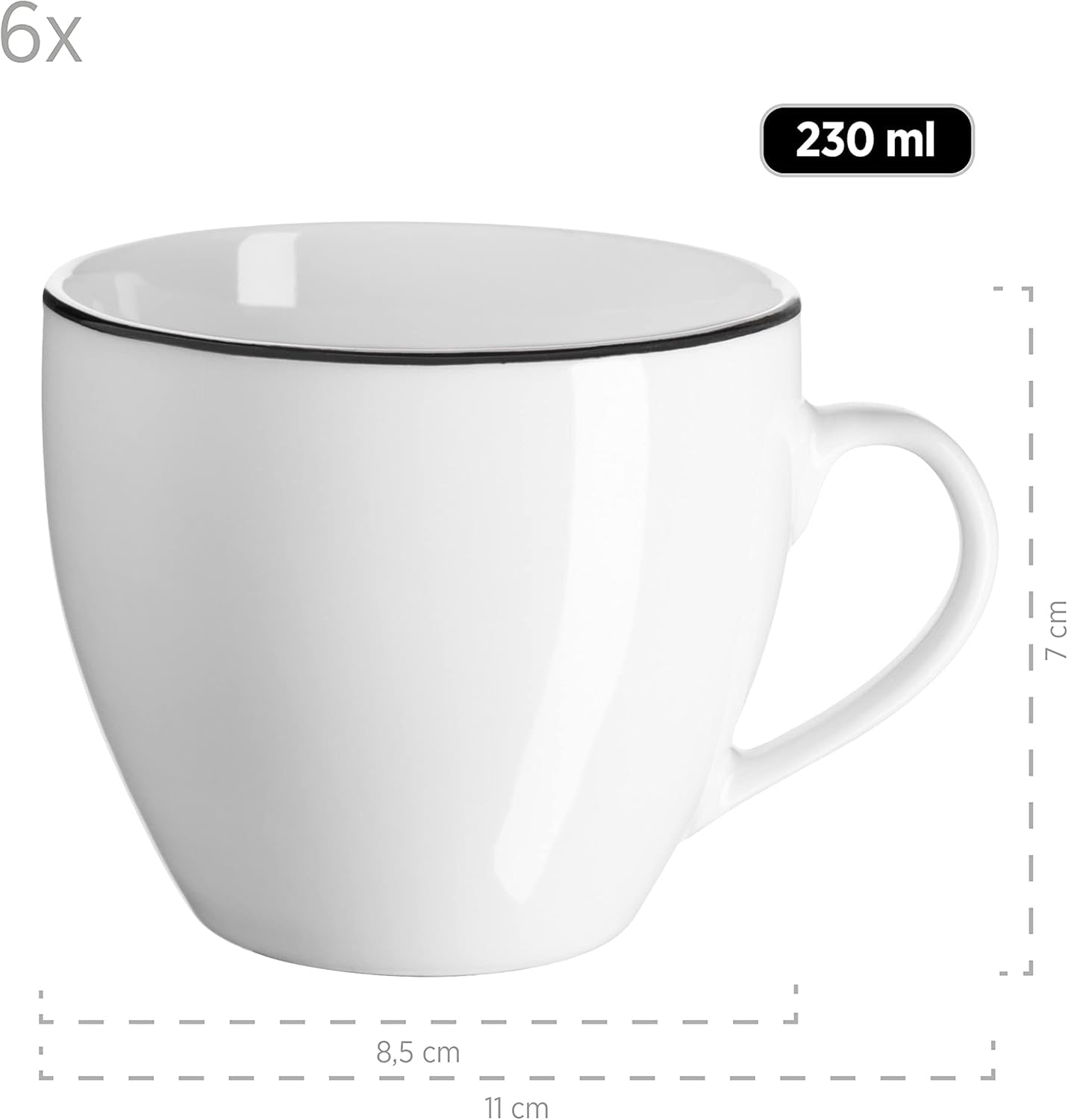 Mäser Nola Serie Moderno Servizio da caffè per 6 persone Bianco con Bordo Nero Set di Stoviglie da 18 Pezzi Tazze da caffè Piattini e Piatti da Dessert - Servizio da caffè Rotondo Set da caffè Bianco