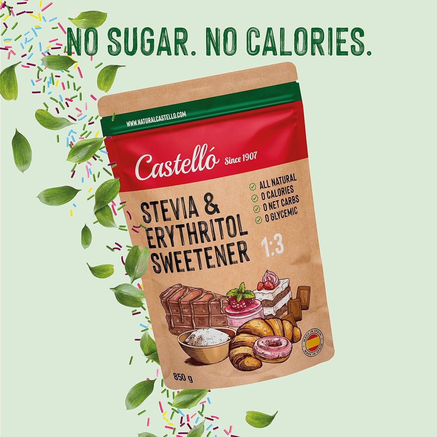 Dolcificante Stevia + Eritritolo 1:3, 1G = 3G Zucchero, 850 grammi Dolcificanti Naty Shop