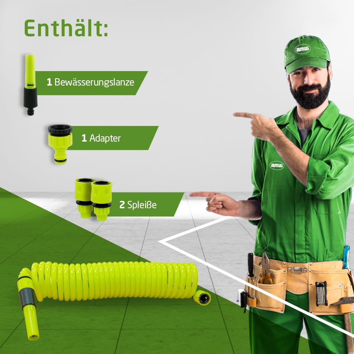 Amig - Tubo spiralato | Realizzato in polipropilene | Allungabile fino a 7,5 m | Include lancia per irrigazione, adattatore e 2 giunti | Verde pistacchio
