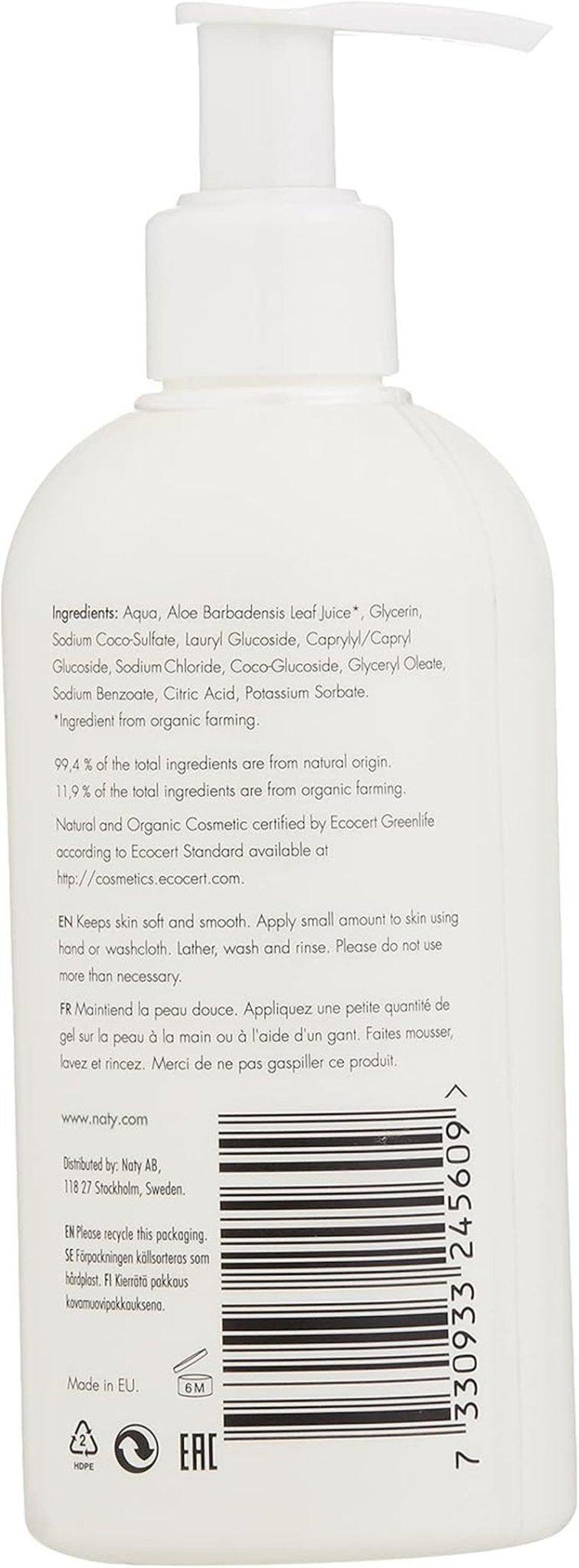 Eco by Naty, bagnoschiuma per bambini, ingredienti vegetali biologici con 0% di profumazione, ipoallergenico e dermatologicamente testato, flacone da 200 ml Bambini - Bagno e Cura della Pelle Naty Shop