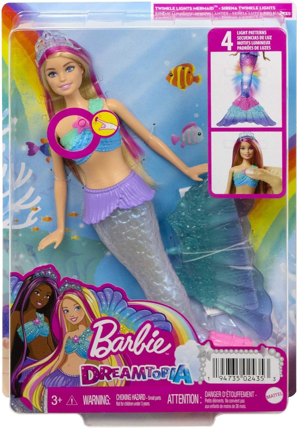 Barbie Dreamtopia Magic Light Sirena con capelli biondi, bambola Barbie con coda da sirena, adatta come regalo per bambini dai 3 anni in su, HDJ36