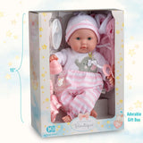 JC Toys - Berenguer Boutique bambola morbida e realistica a bocca aperta/chiusa da 38 cm, set regalo da 10 pezzi, biberon, sonaglio, ciuccio e accessori, rosa, dai 2 anni in su