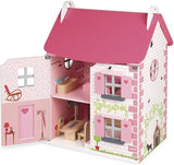 Janod - Casa delle bambole in legno Mademoiselle, 3 piani e 11 accessori, giocattolo replica, sviluppa l'immaginazione, dai 3 anni in su, J06581, Pink Naty Shop Dollhouses
