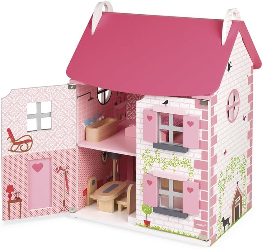 Janod - Casa delle bambole in legno Mademoiselle, 3 piani e 11 accessori, giocattolo replica, sviluppa l'immaginazione, dai 3 anni in su, J06581, Pink Naty Shop Dollhouses