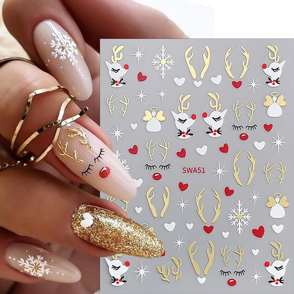 Adesivi per unghie con fiocchi di neve cartoni animati, Adesivi per unghie di Natale, Autoadesivi, Disegni per unghie di Natale, Nail art, Cervo, Fiocchi di neve, Adesivi per unghie di Natale, Accessori per unghie invernali