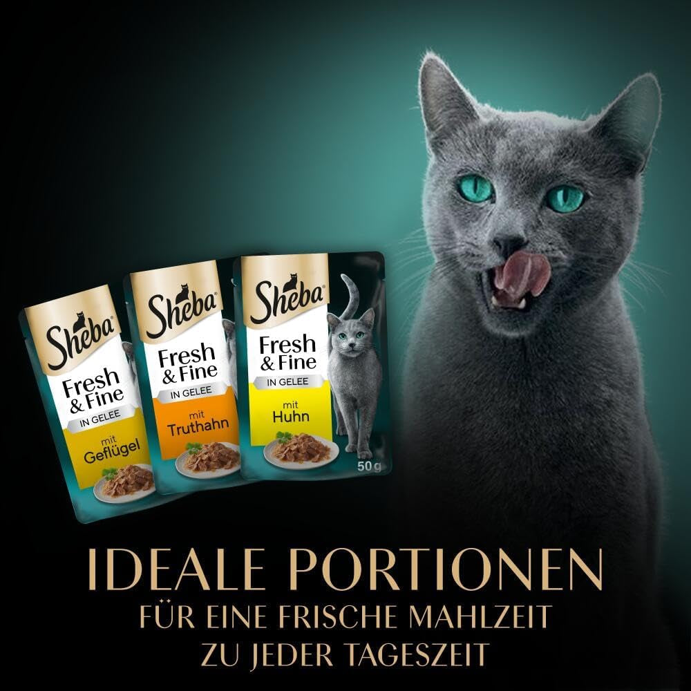 Sheba Portion Pouches Cibo umido per gatti, confezione multipla di gelatina di tacchino e pollo fresca e raffinata, 6x6x50 g - Cibo per gatti in gelatina di tacchino e pollo di alta qualità