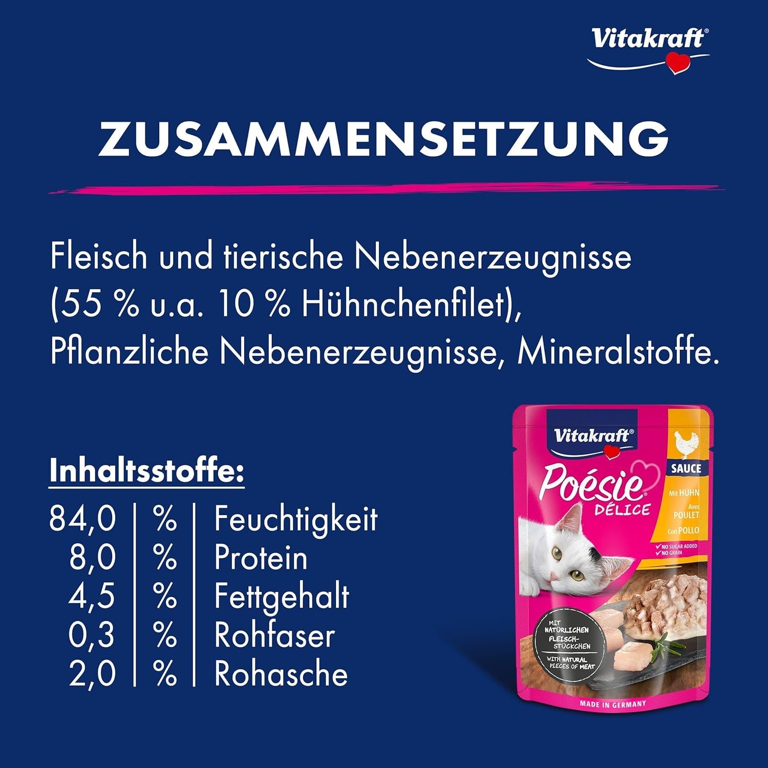 Vitakraft Poésie Délice, Nassfutter Katze, Katzennassfutter in salsa, con pollo, Vorratspackung, ohne Zusatz von Zucker und Getreide (23x 85g)