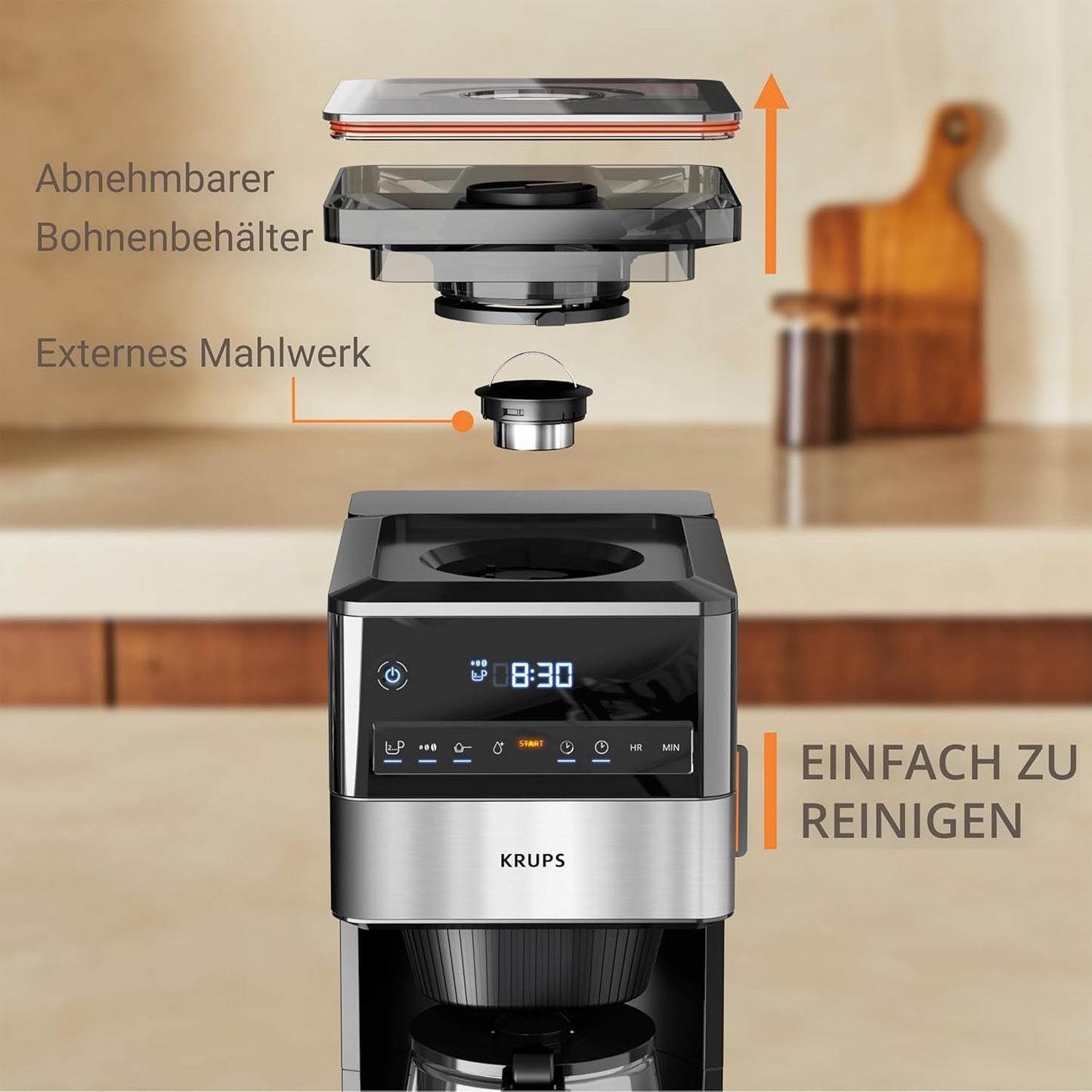 KRUPS Grind Aroma XL Macchina per caffè espresso, Macinino conico rimovibile, Pannello di controllo digitale, Capacità XL (1,5 L), Funzione Mantieni caldo, Caraffa in vetro, Nero/Acciaio inossidabile, KM842810