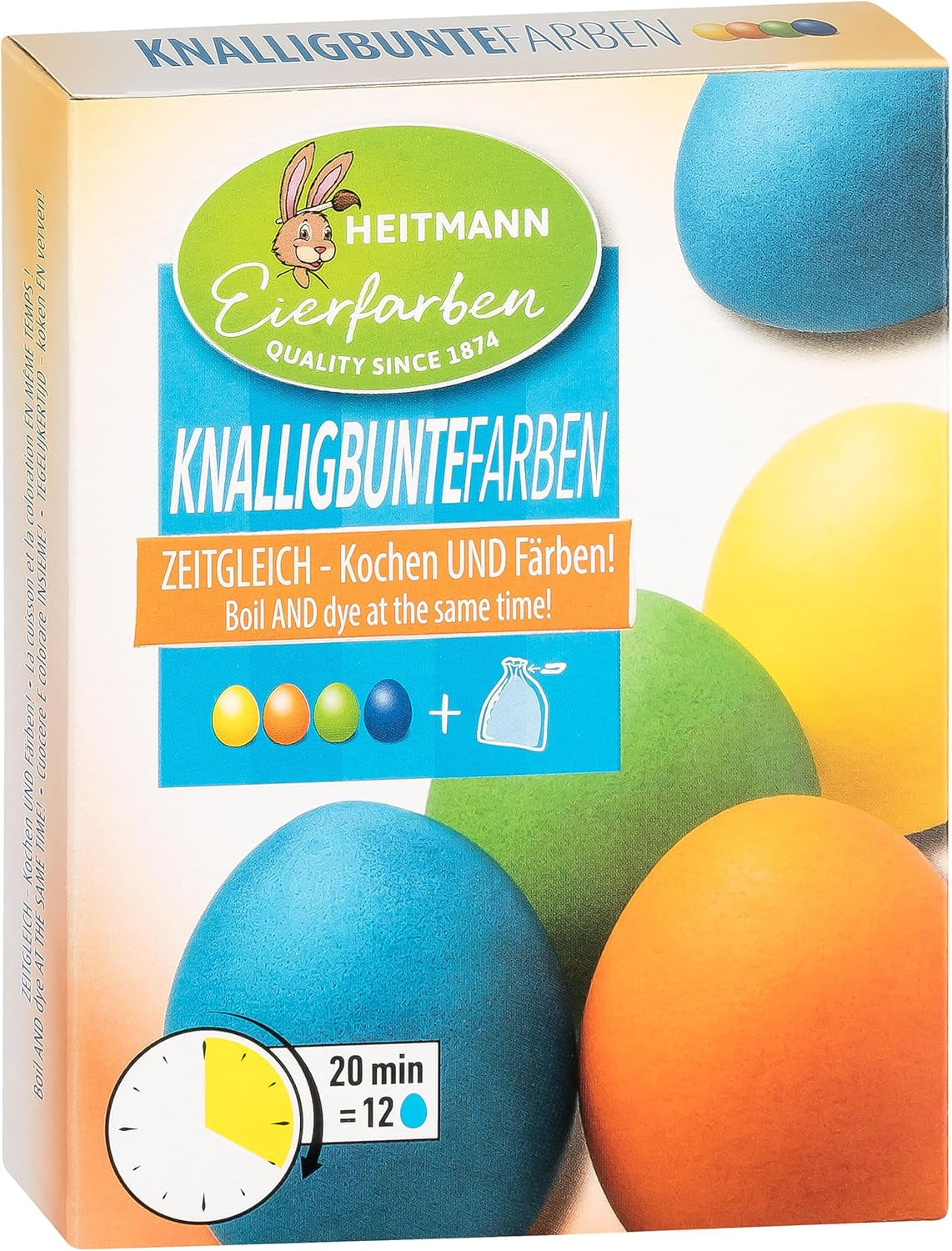Heitmann Egg Dyes Bright Colors - 4 flaconi di tintura all'uovo (giallo, arancione, verde, blu), 2 esaltatori di colore, 4 sacchetti di tintura, 4 clip
