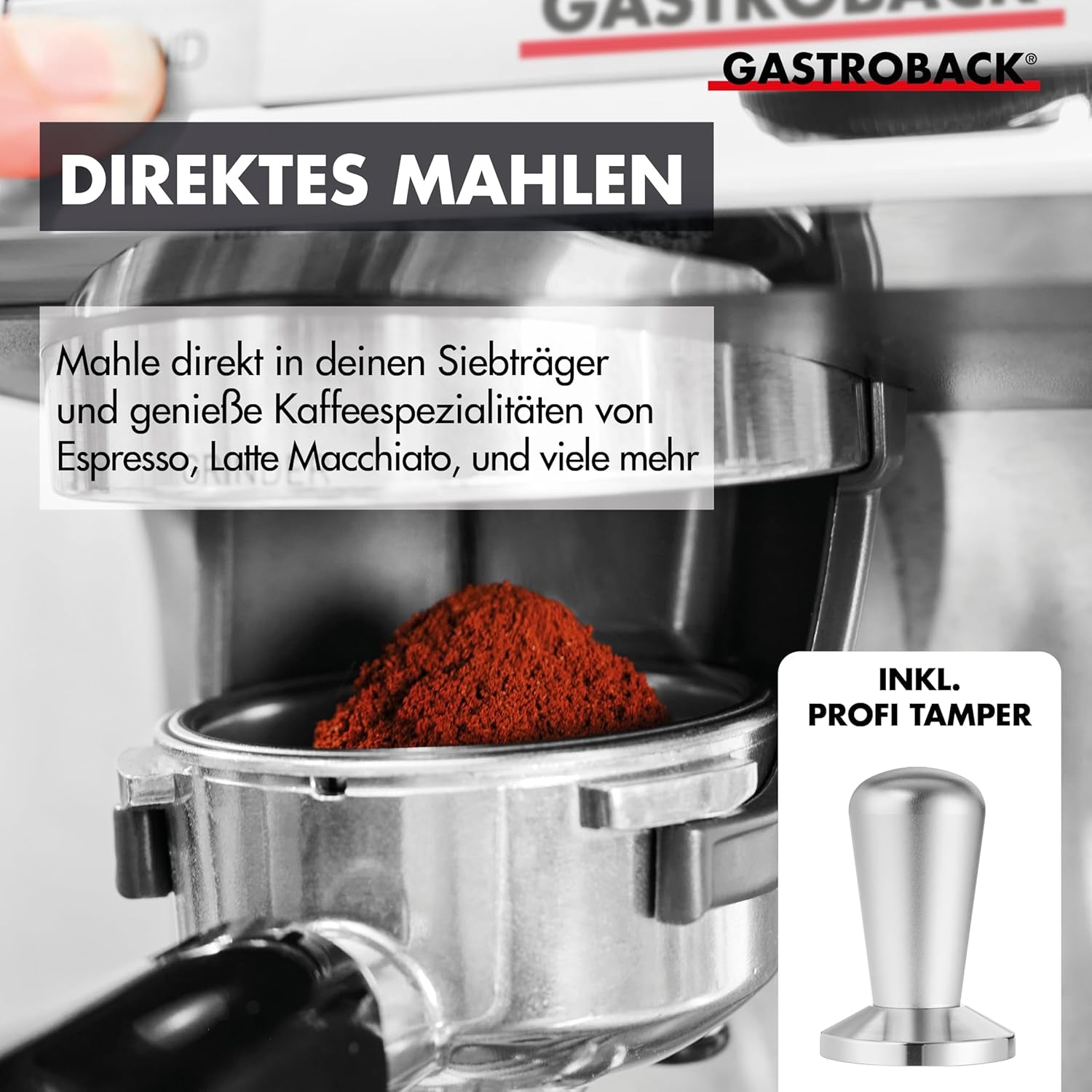 Macchina per caffè espresso GASTROBACK con macinacaffè, inclusa lattiera, pressa e portafiltro in acciaio inox - Macchina per caffè espresso Barista con montalatte - Macchina per caffè espresso con 30 impostazioni di macinatura