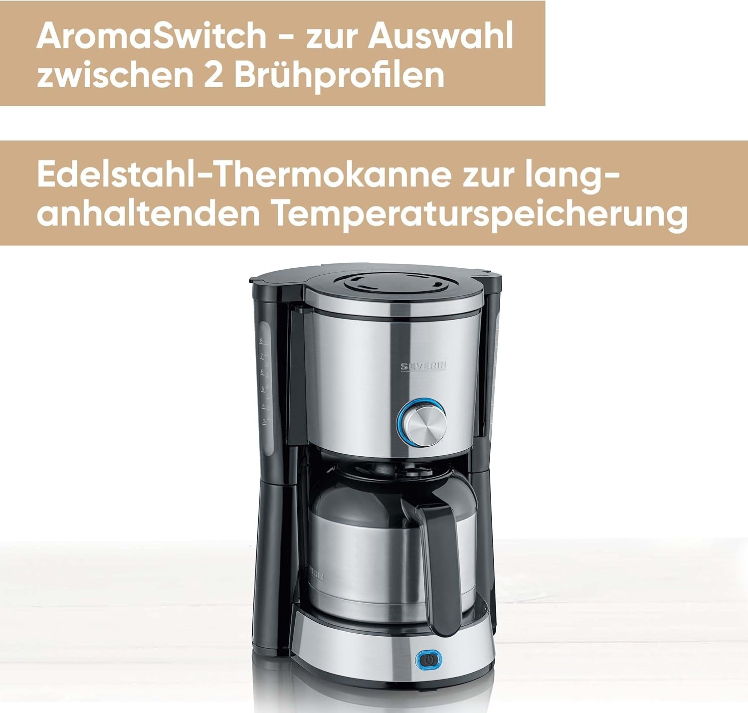 Macchina per caffè espresso SEVERIN "TypeSwitch" con caraffa termica, AromaSwitch per scegliere tra 2 profili di erogazione, macchina da caffè fino a 10 tazze, 1000 W, acciaio inossidabile spazzolato-nero, KA 4845