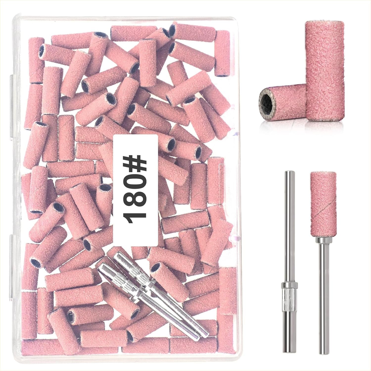 BLESWIN Nastri abrasivi piccoli per punte da trapano per unghie, 100 pezzi, grana fine 240 con 2 punte da trapano da 3 mm, mini nastri abrasivi per lucidare unghie naturali e pulire cuticole per la preparazione, rosa